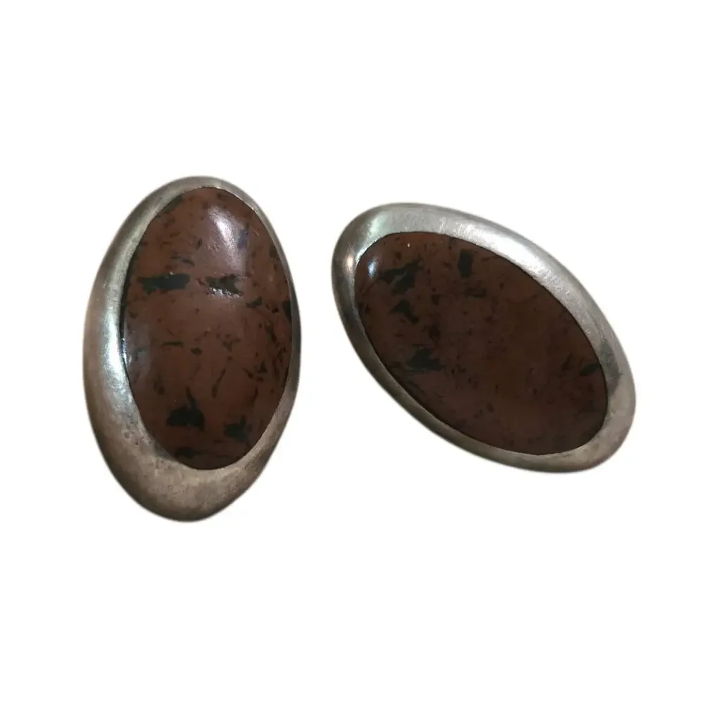 925 Mexican Silver Mahogany Obsidian Gemstone Oval Post Earrings
